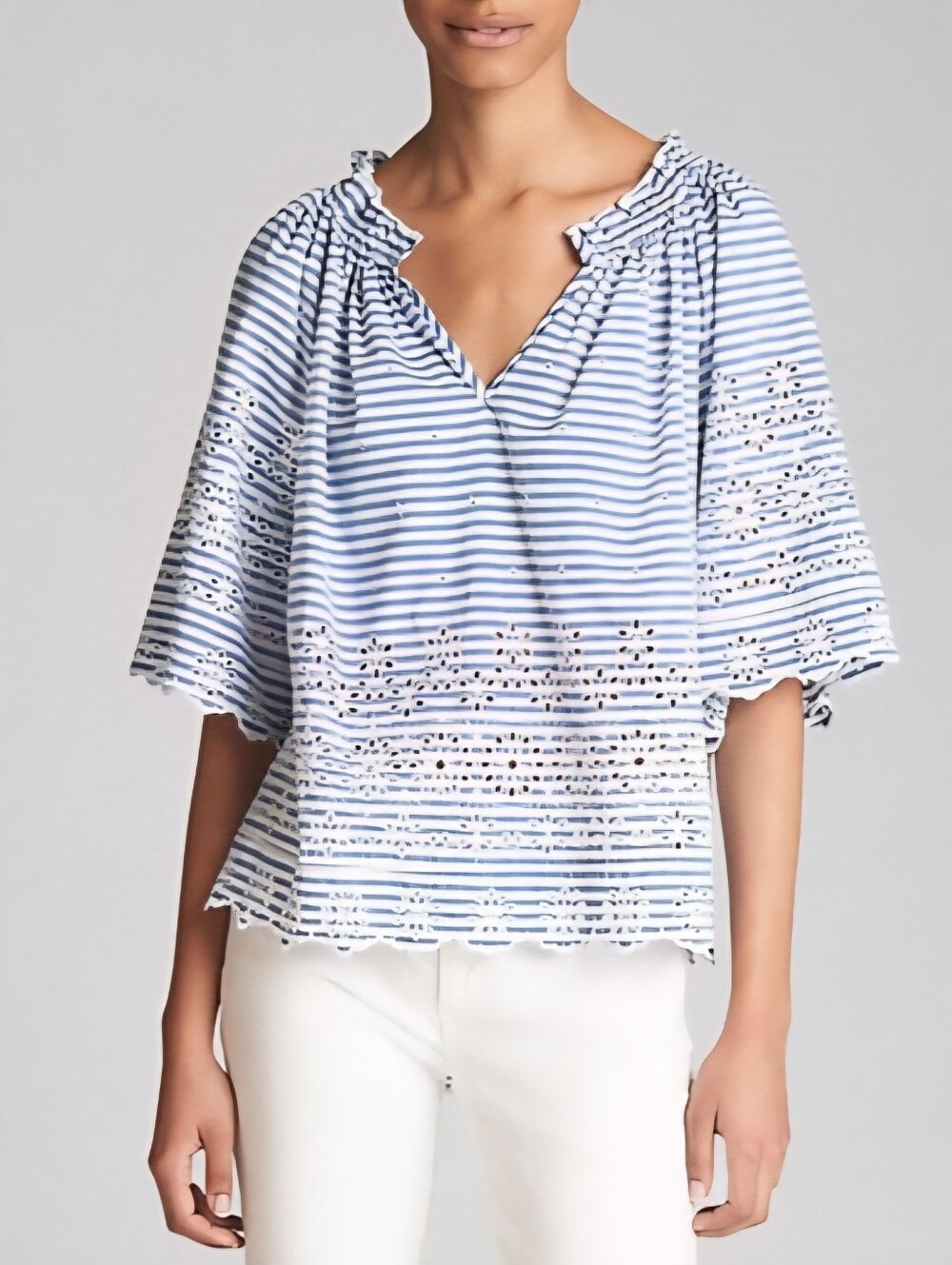 ✨HOST PICK✨ GAP 100% Cotton Shirred Split-Neck Eyelet Striped Blouse 3/4 Sleeves